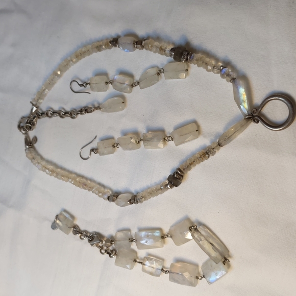 Rainbow moonstone bracelet earrings necklace set sterling silver signed … - Picture 7 of 12